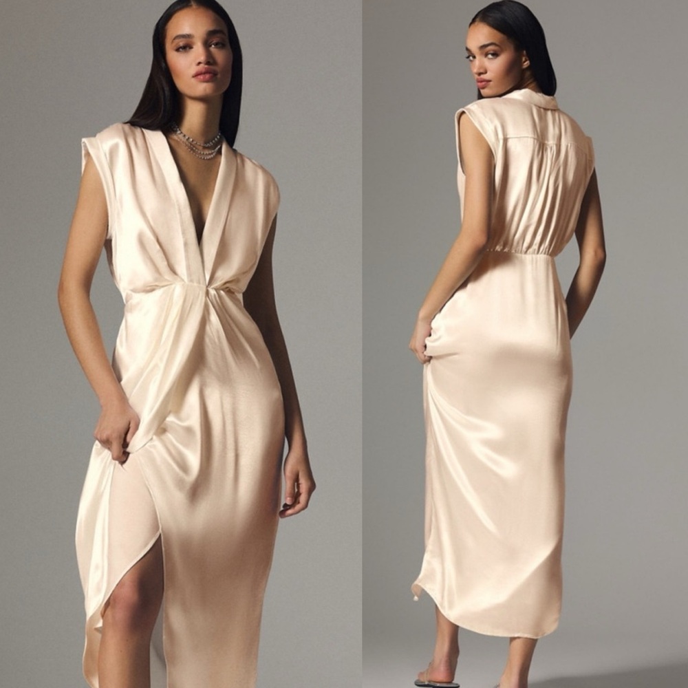 ANTHROPOLOGIE Ivory Twist Front Hi Lo Midi Dress Gown \\ 4